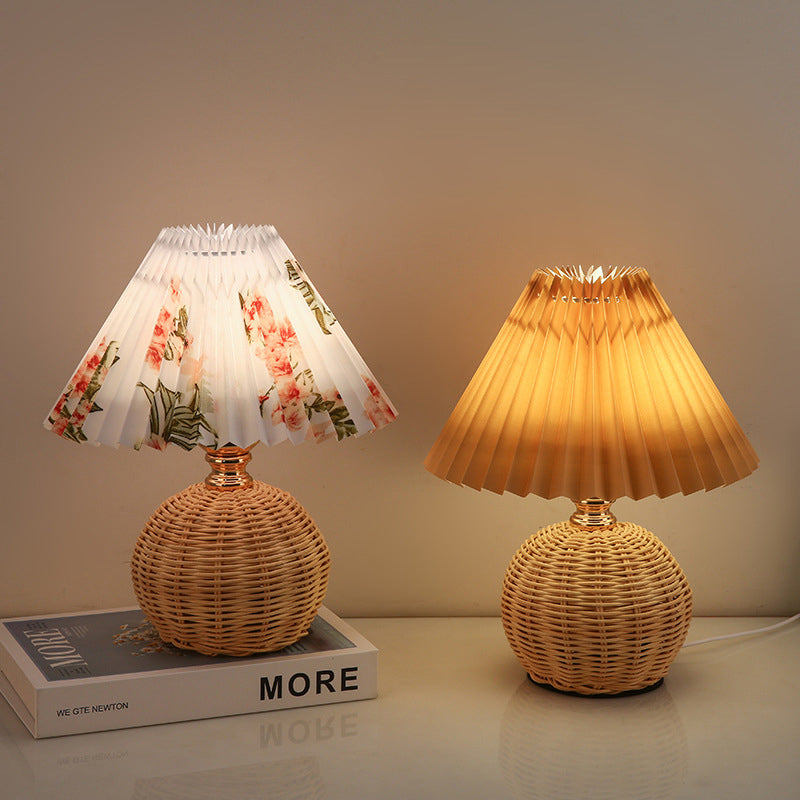 Rattan Table Lamp with Pleated Shade USB Dimmable LED