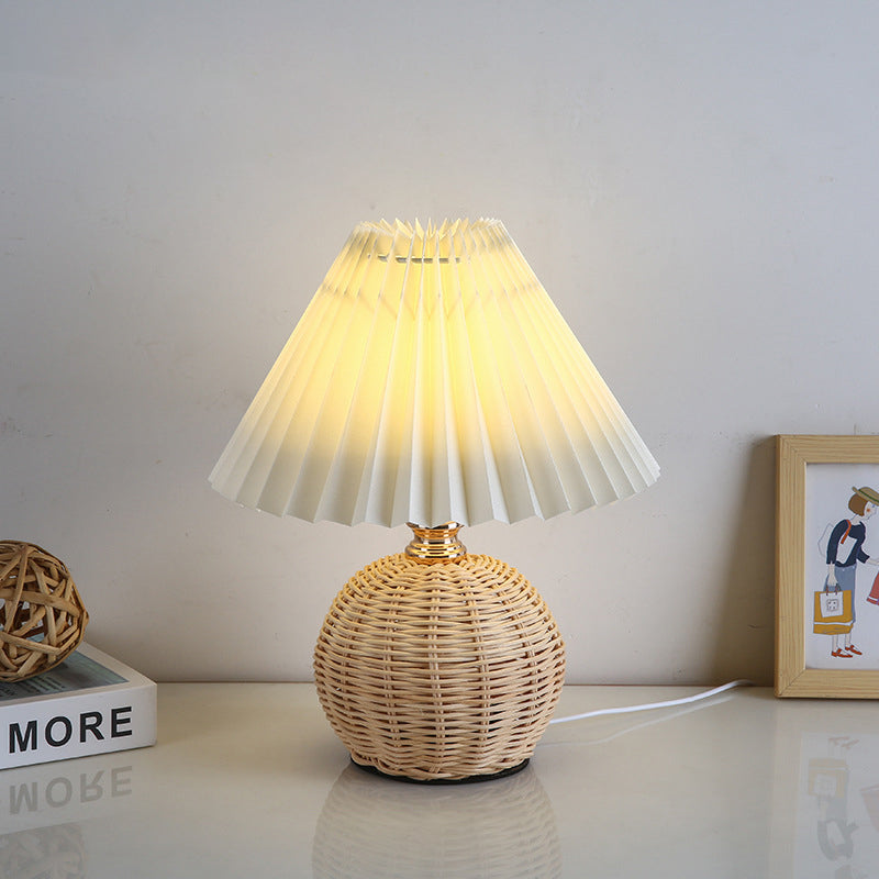 Rattan Table Lamp with Pleated Shade USB Dimmable LED