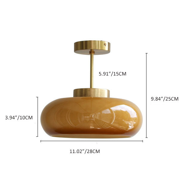 Semi Flush Mount Ceiling Light Brass Amber Glass Vintage Hallway Bedroom Living Room