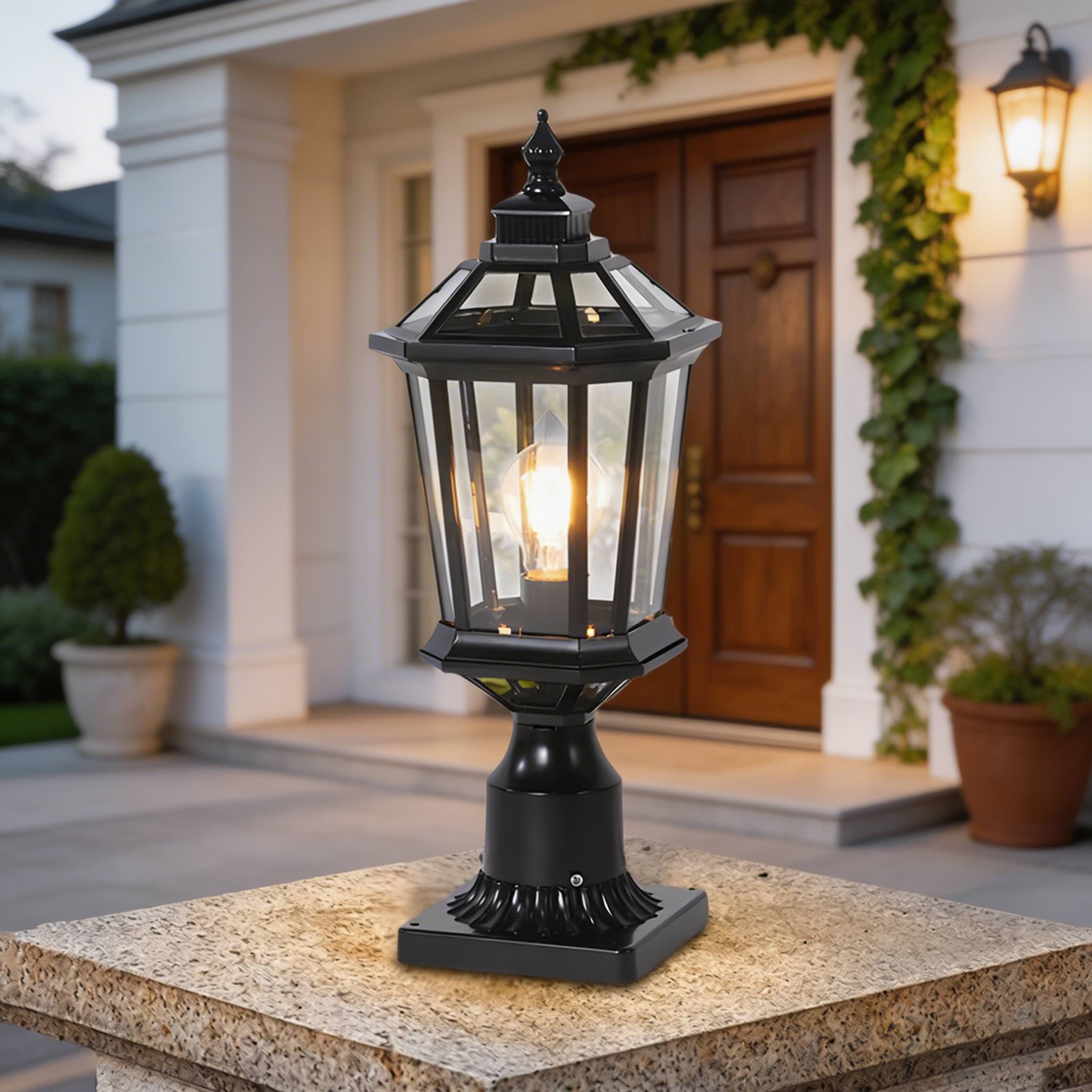 Outdoor Pillar Light with Aluminum Frame and Glass Shade
