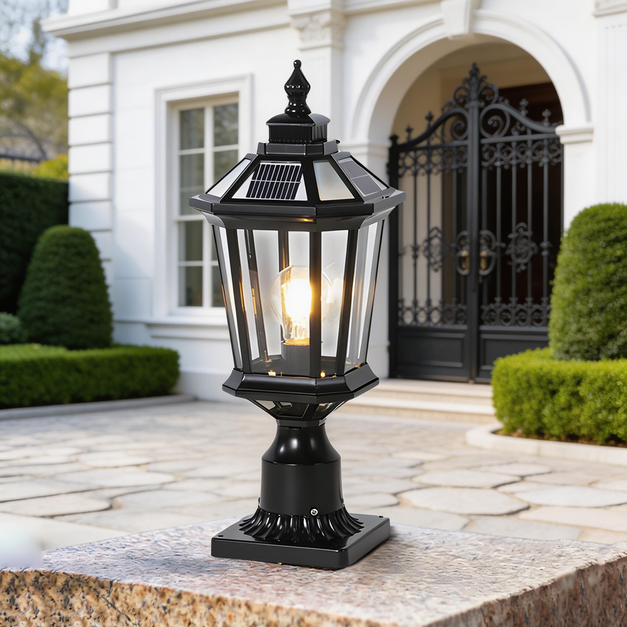 Outdoor Pillar Light with Aluminum Frame and Glass Shade
