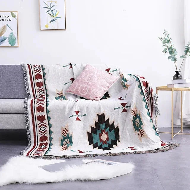 Polyester Cotton Jacquard Throw Blanket with Fringe