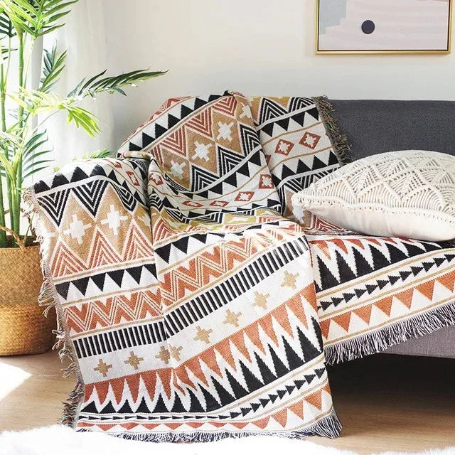 Polyester Cotton Jacquard Throw Blanket with Fringe