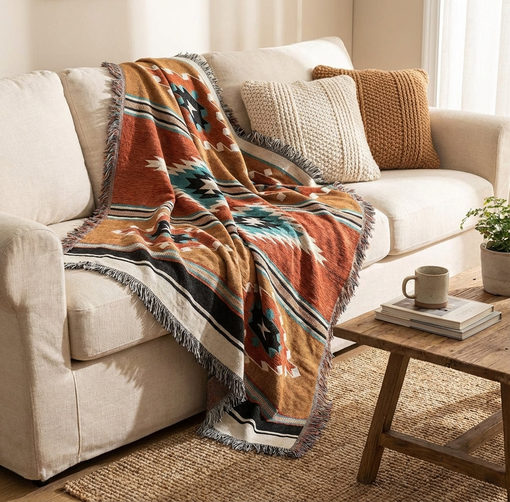Polyester Cotton Jacquard Throw Blanket with Fringe