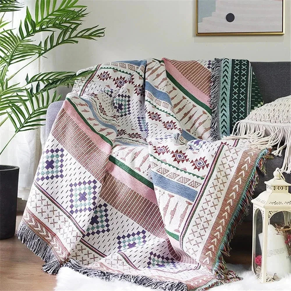 Polyester Cotton Jacquard Throw Blanket with Fringe