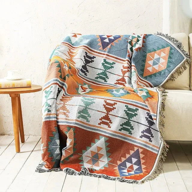 Polyester Cotton Jacquard Throw Blanket with Fringe