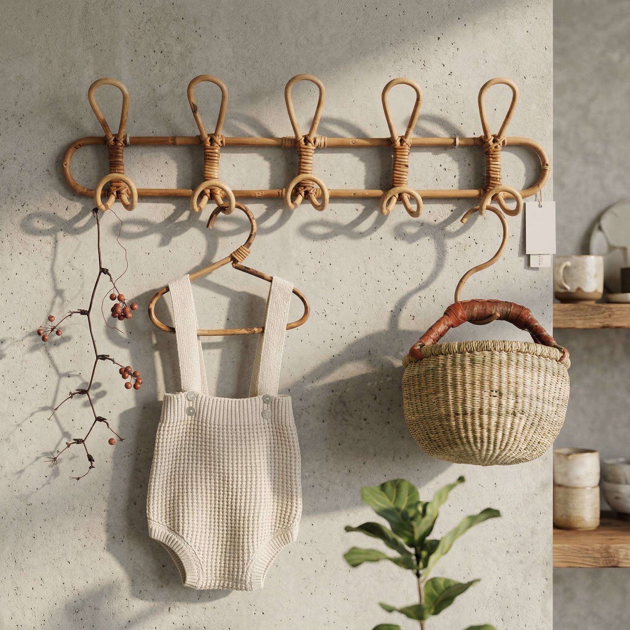 Rattan Wall Rack with Hanging Hooks