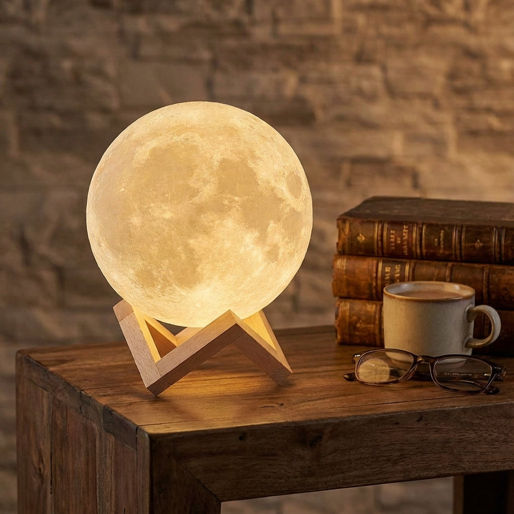 Rechargeable LED Moon Table Lamp with Wooden Stand