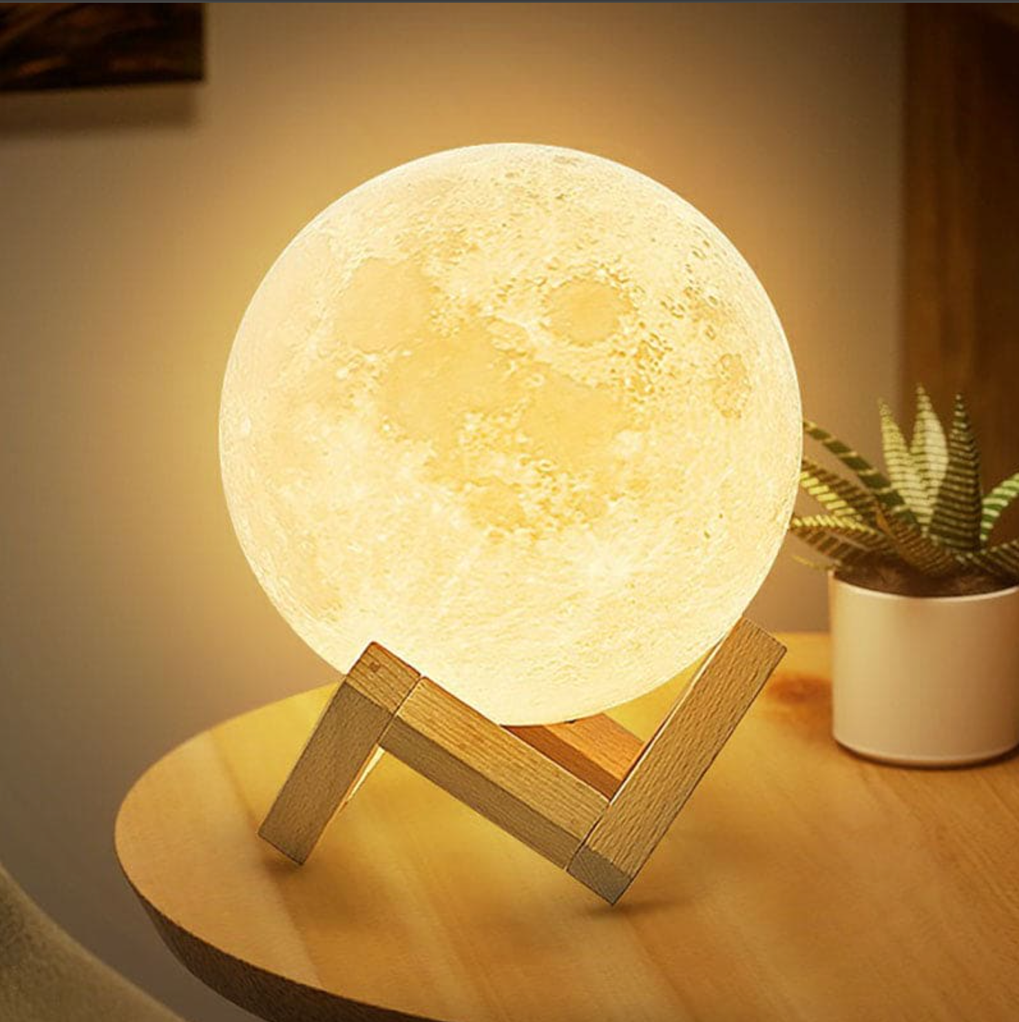 Rechargeable LED Moon Table Lamp with Wooden Stand
