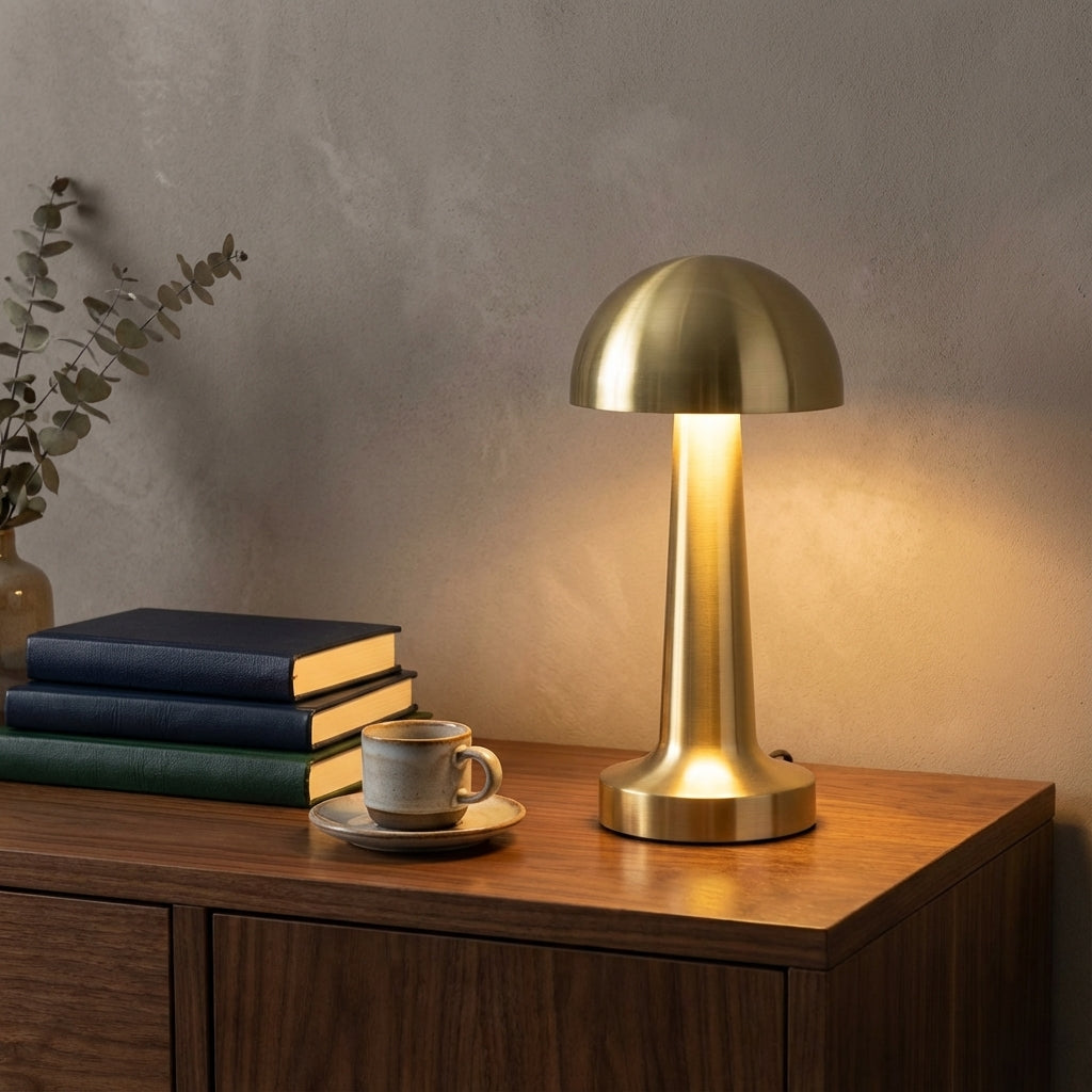 Rechargeable LED Table Lamp with Metal Mushroom Shade