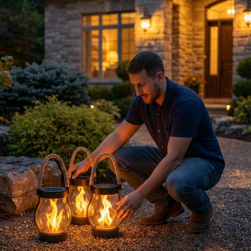 Solar Flame Lantern Hanging Outdoor Light Automatic Dusk to Dawn Rope Handle Pathway Deck Decor