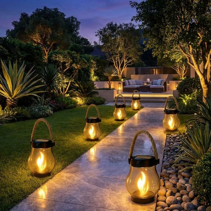 Outdoor Solar Lantern Flickering Flame LED Light Hanging or Tabletop Balcony Porch Courtyard