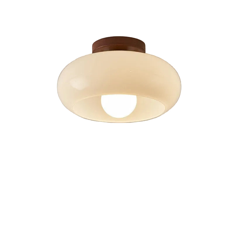 Opal Glass Flush Mount Ceiling Light Wood Base Ceiling Fixture