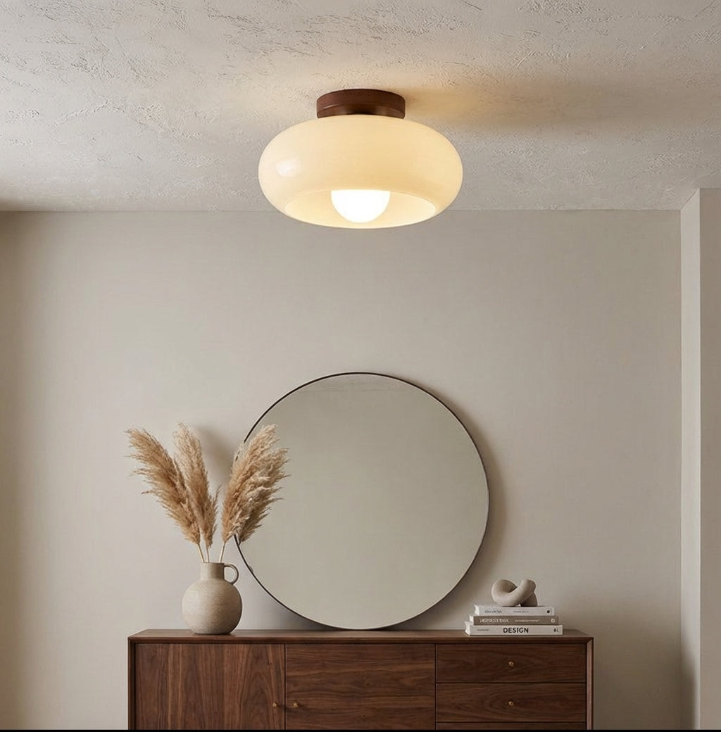 Opal Glass Flush Mount Ceiling Light Wood Base Ceiling Fixture