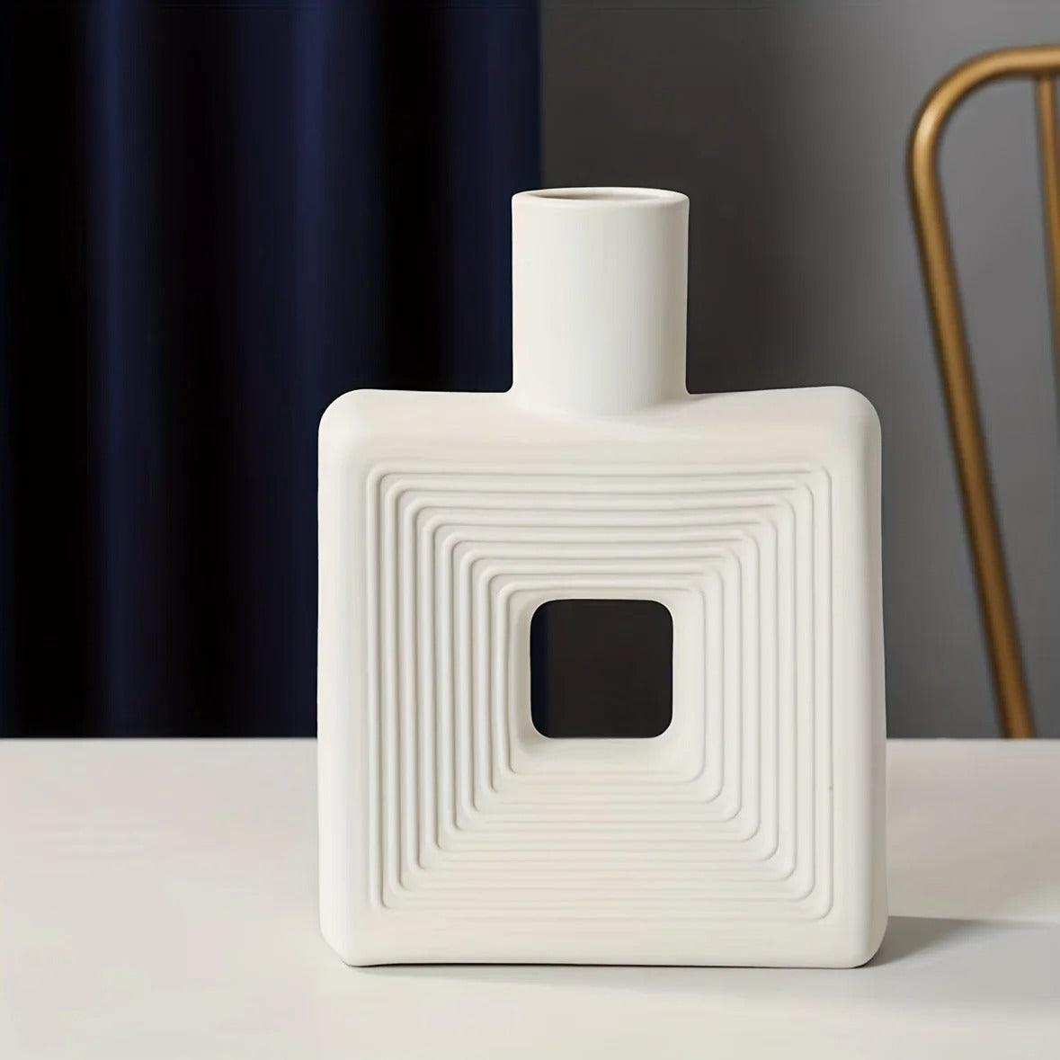 Square Ceramic Vase with Cutout Design