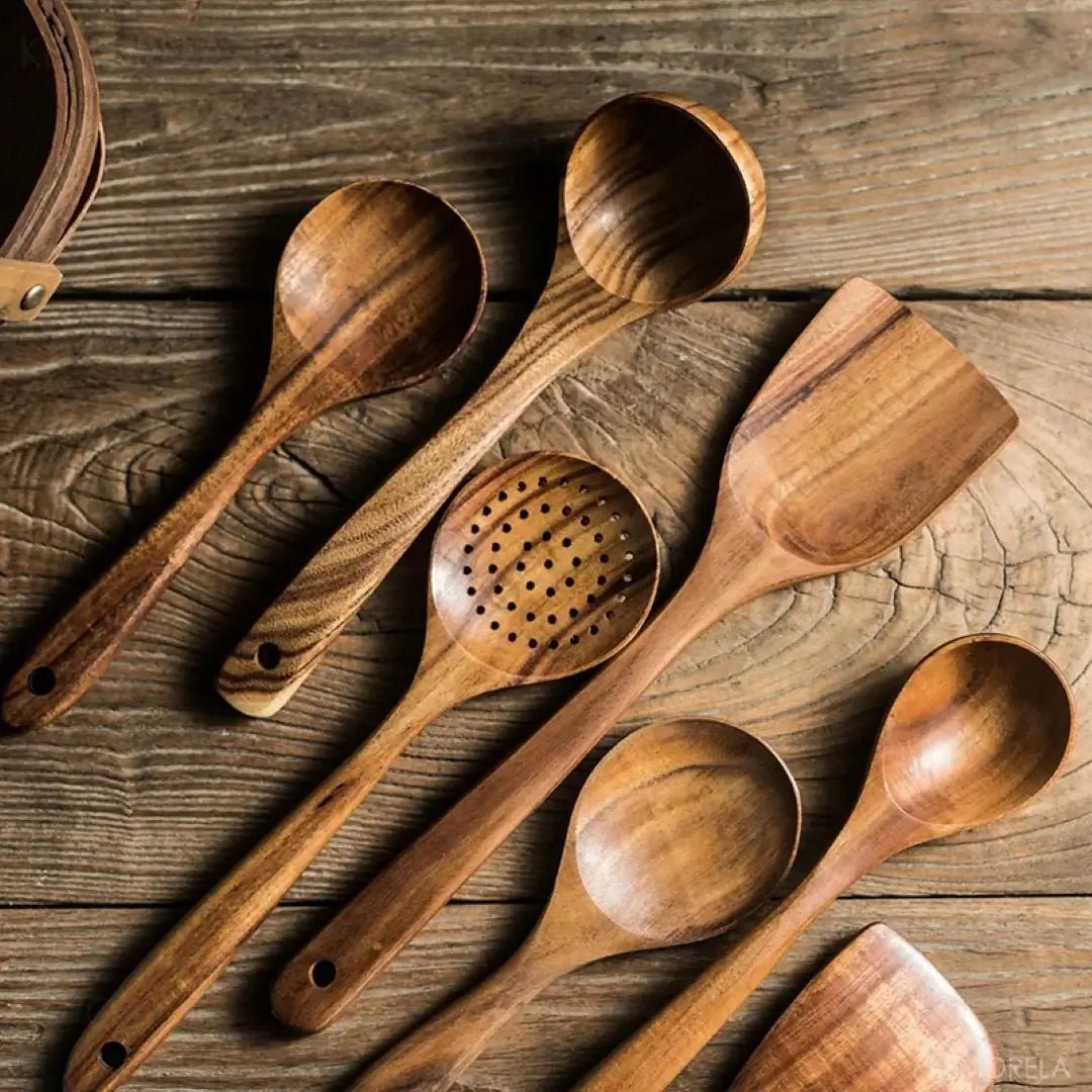Teak Wood Kitchen Utensil Set with Cooking Spoons & Spatulas