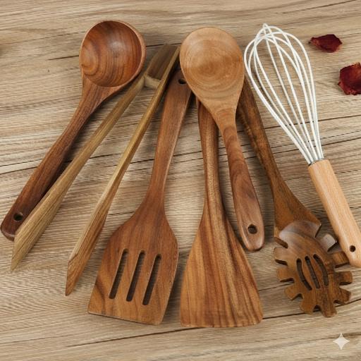 Kitchen Utensil Set Wooden 7 Piece Cooking Spoon Spatula Turner Non Stick Safe