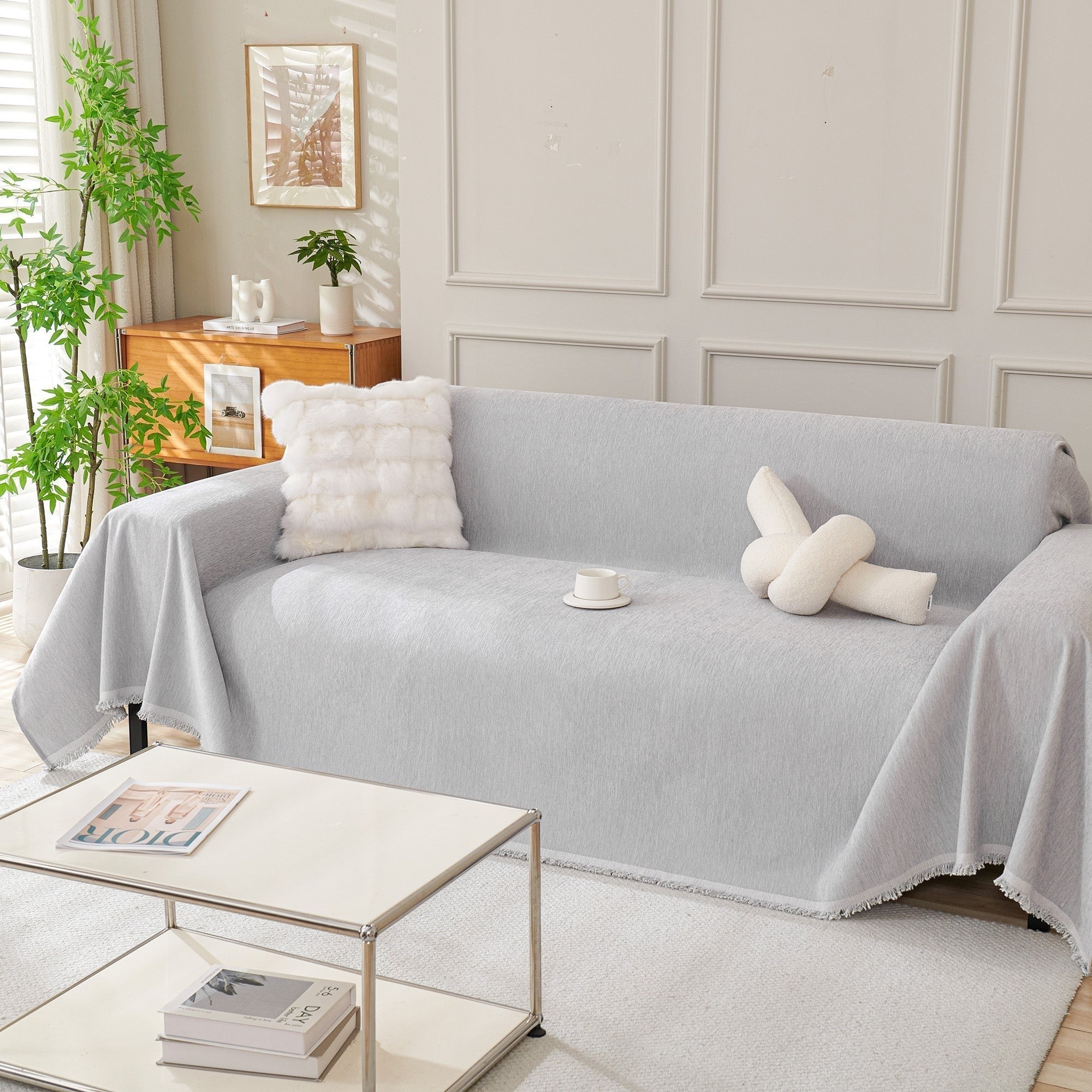 Textured Sofa Cover with Fringed Edges