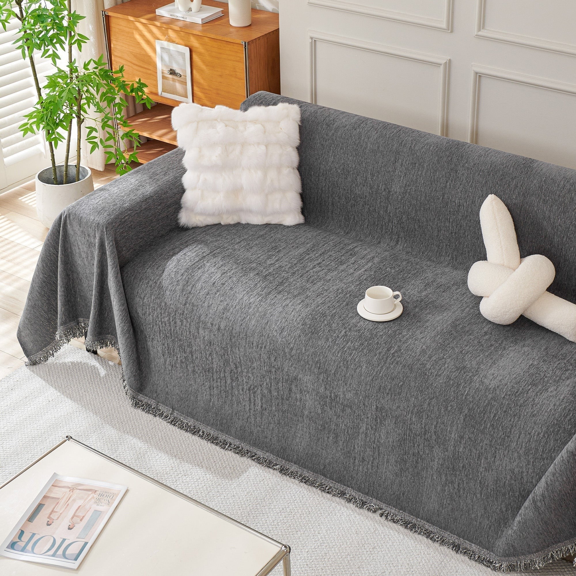 Textured Sofa Cover with Fringed Edges