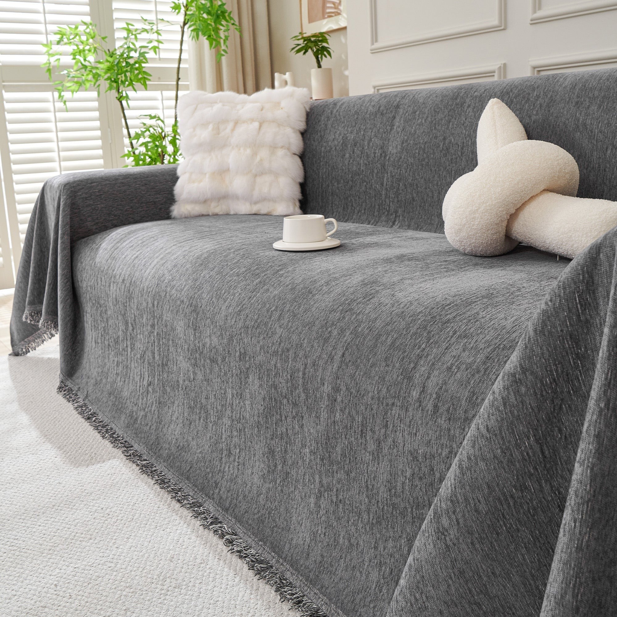 Textured Sofa Cover with Fringed Edges