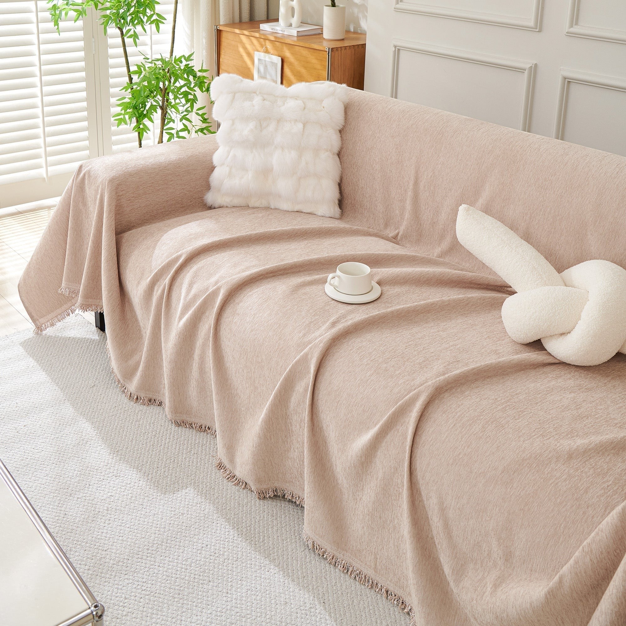 Textured Sofa Cover with Fringed Edges