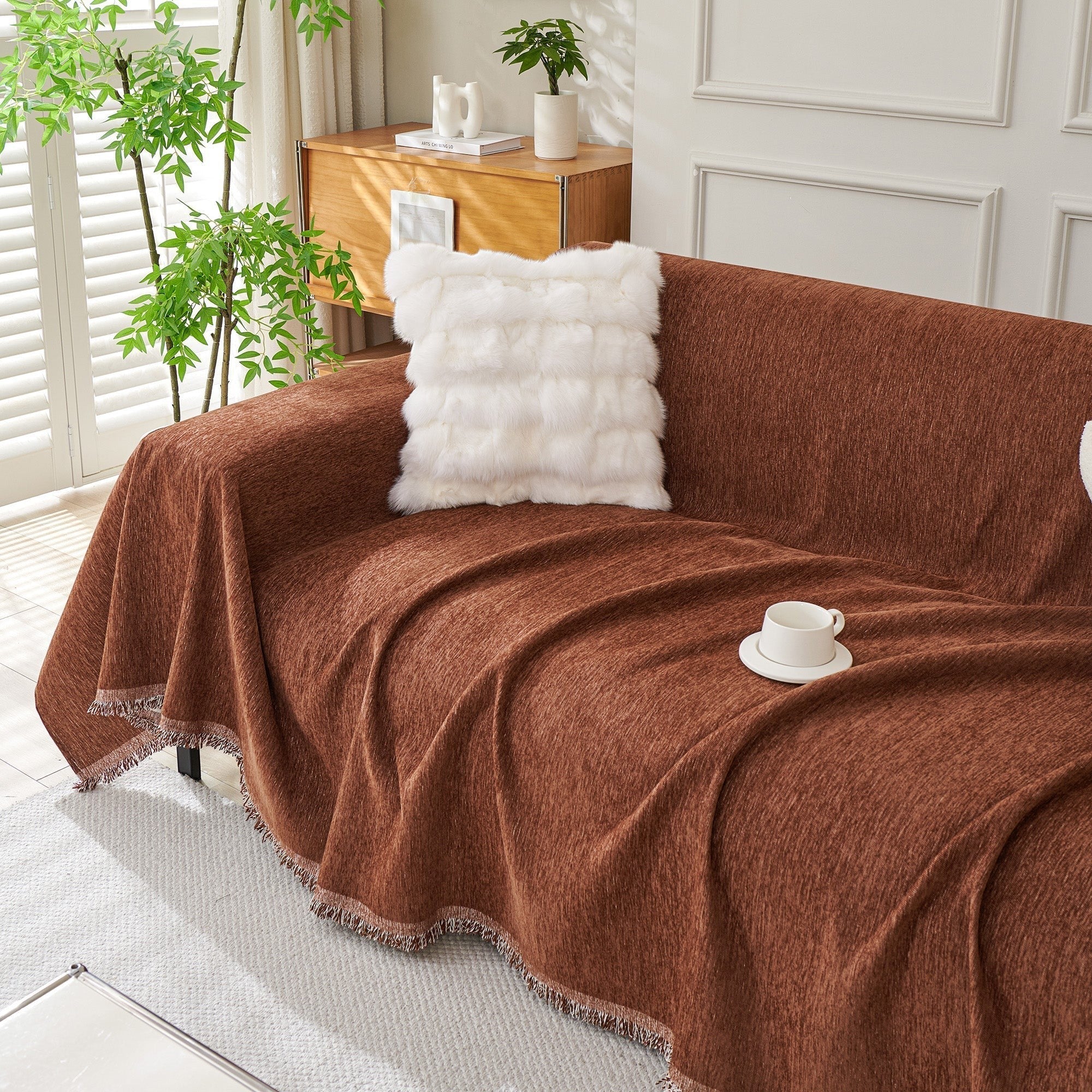 Textured Sofa Cover with Fringed Edges