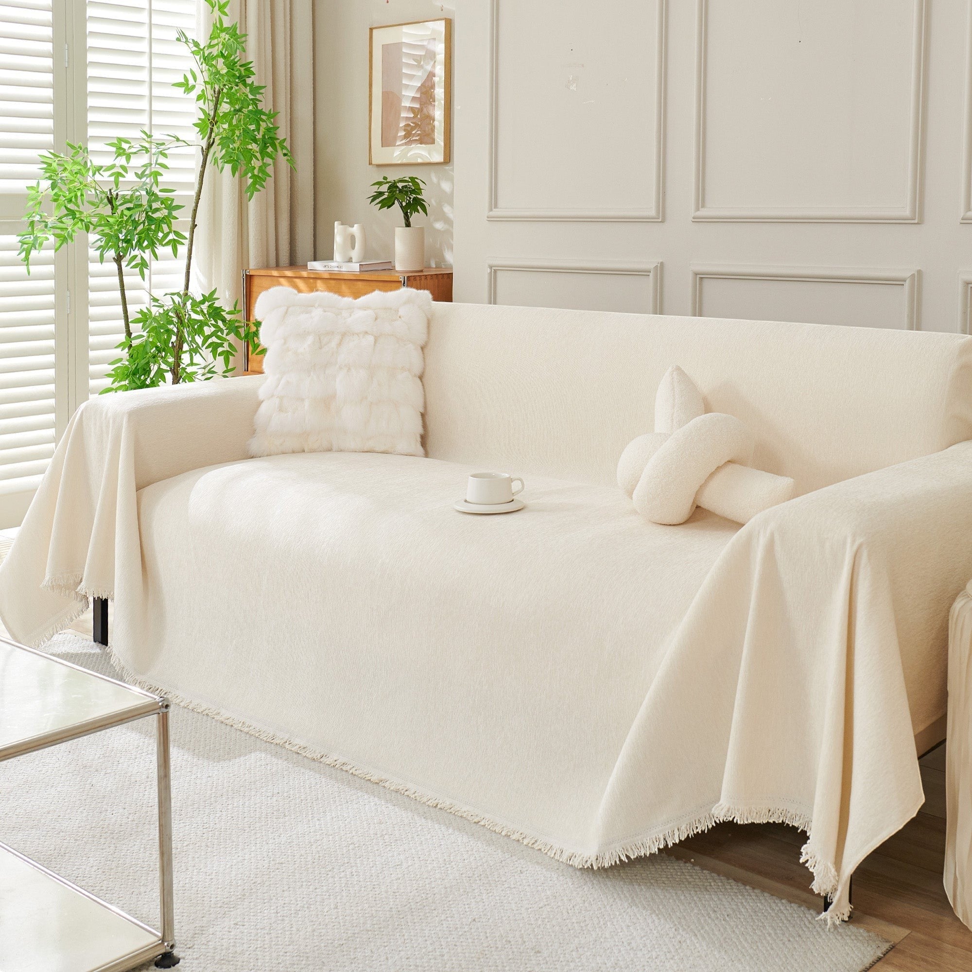 Textured Sofa Cover with Fringed Edges