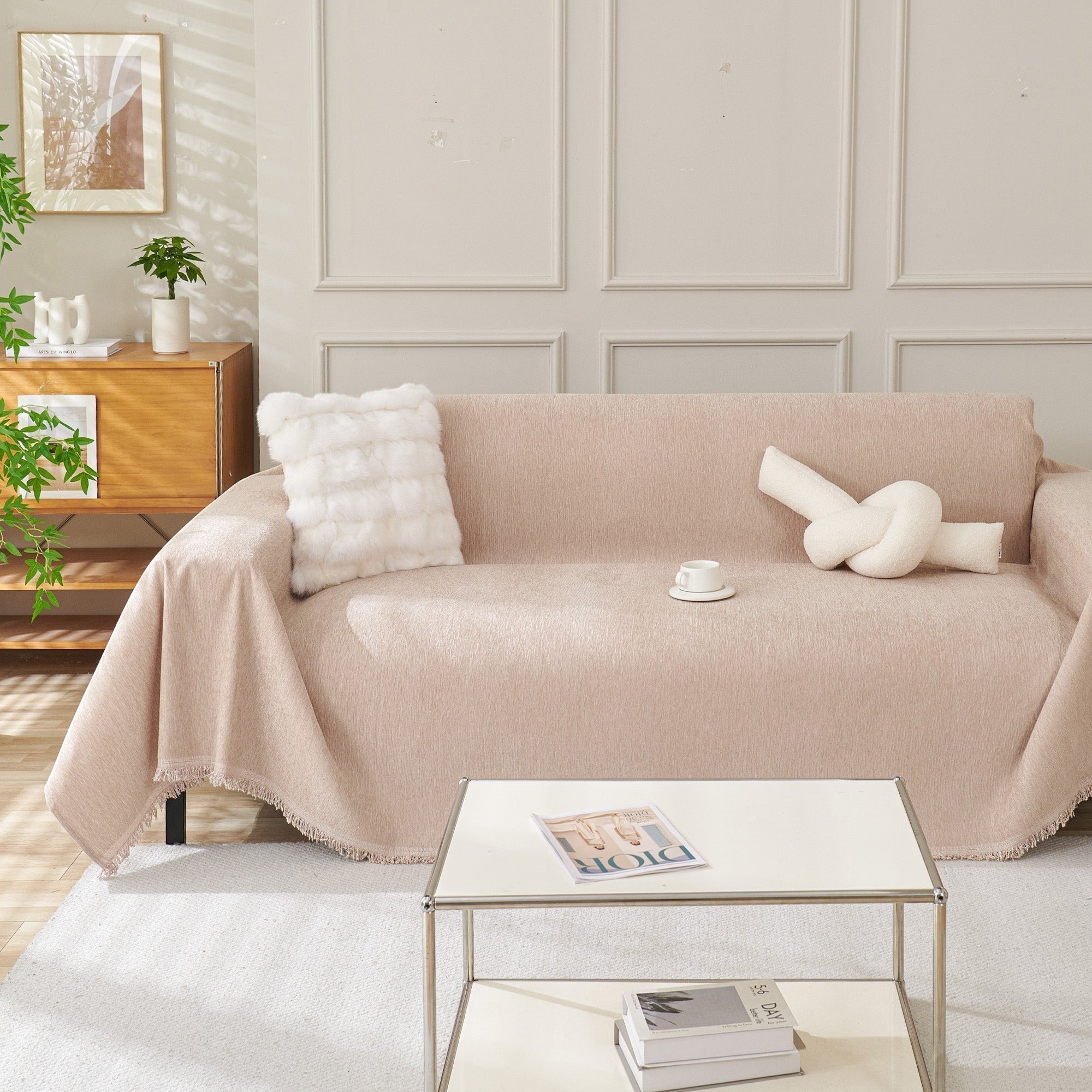 Textured Sofa Cover with Fringed Edges