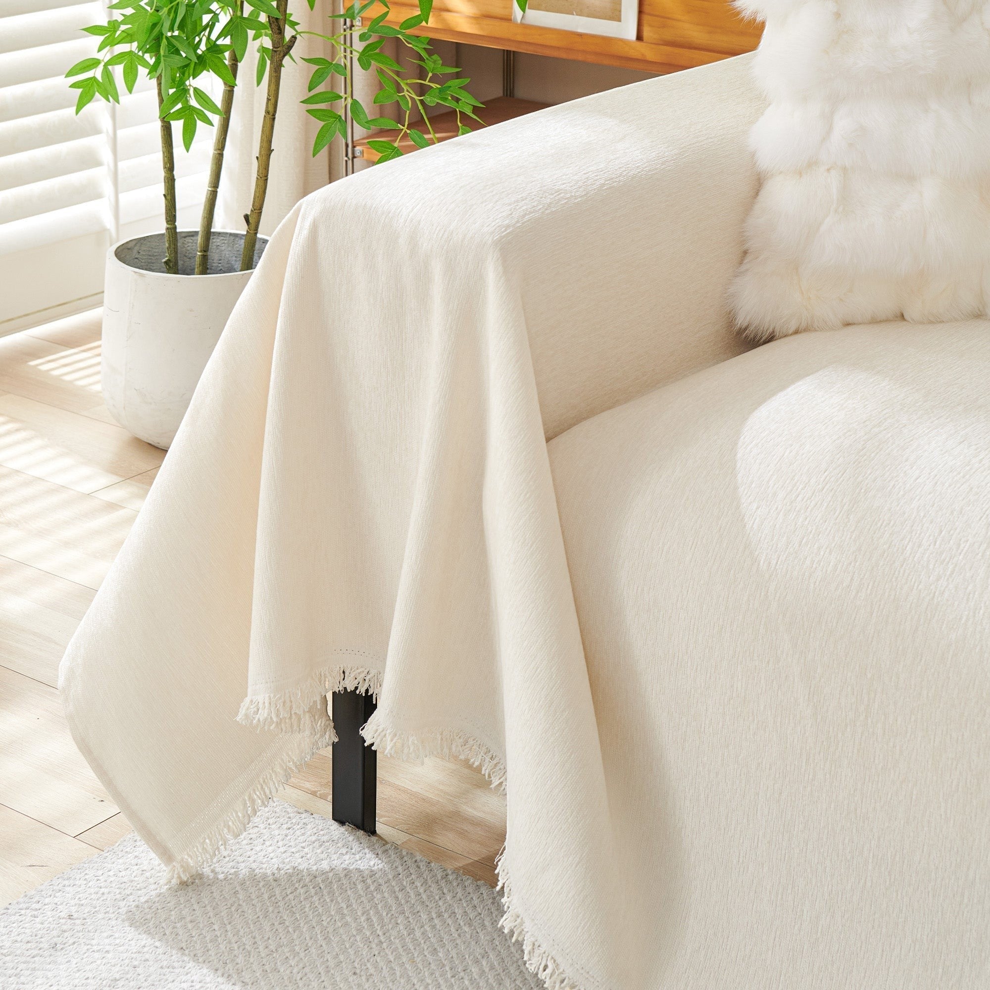 Textured Sofa Cover with Fringed Edges
