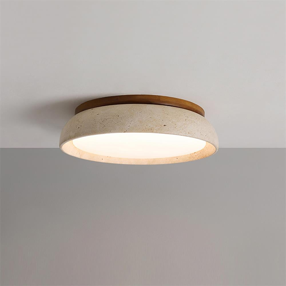 Travertine Flush Mount Ceiling Light with Wooden Trim