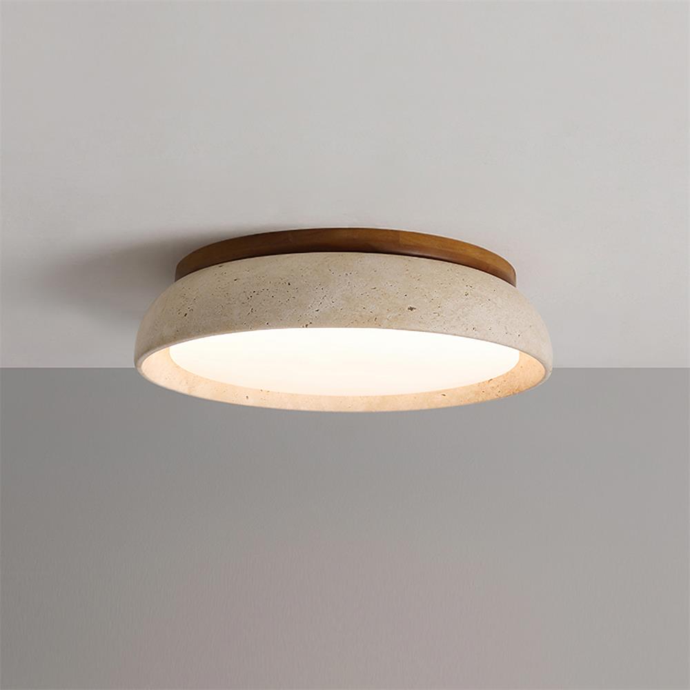 Travertine Flush Mount Ceiling Light with Wooden Trim
