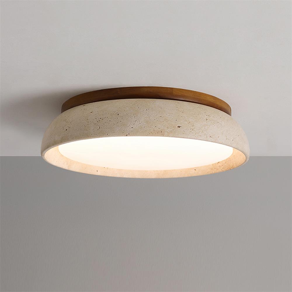 Travertine Flush Mount Ceiling Light with Wooden Trim