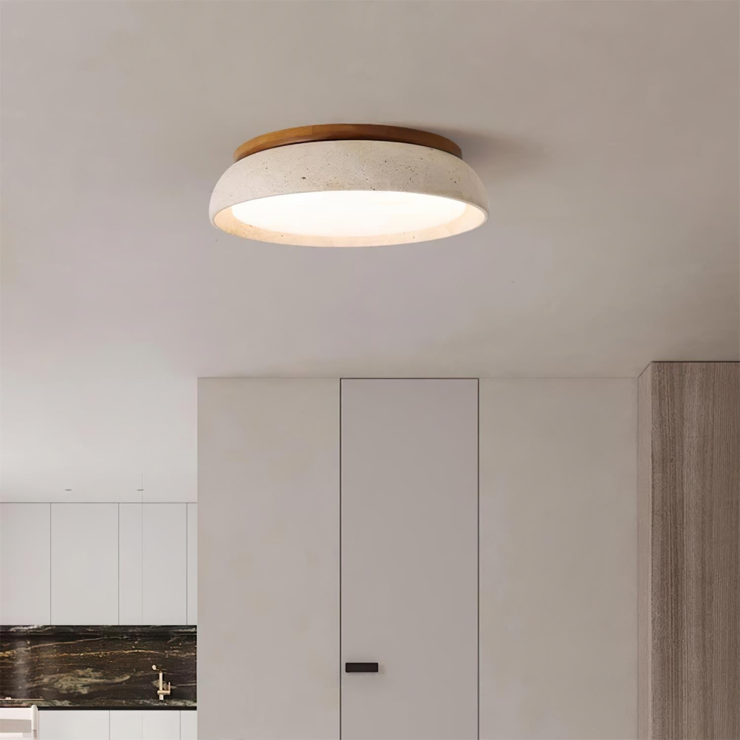 Travertine Flush Mount Ceiling Light with Wooden Trim