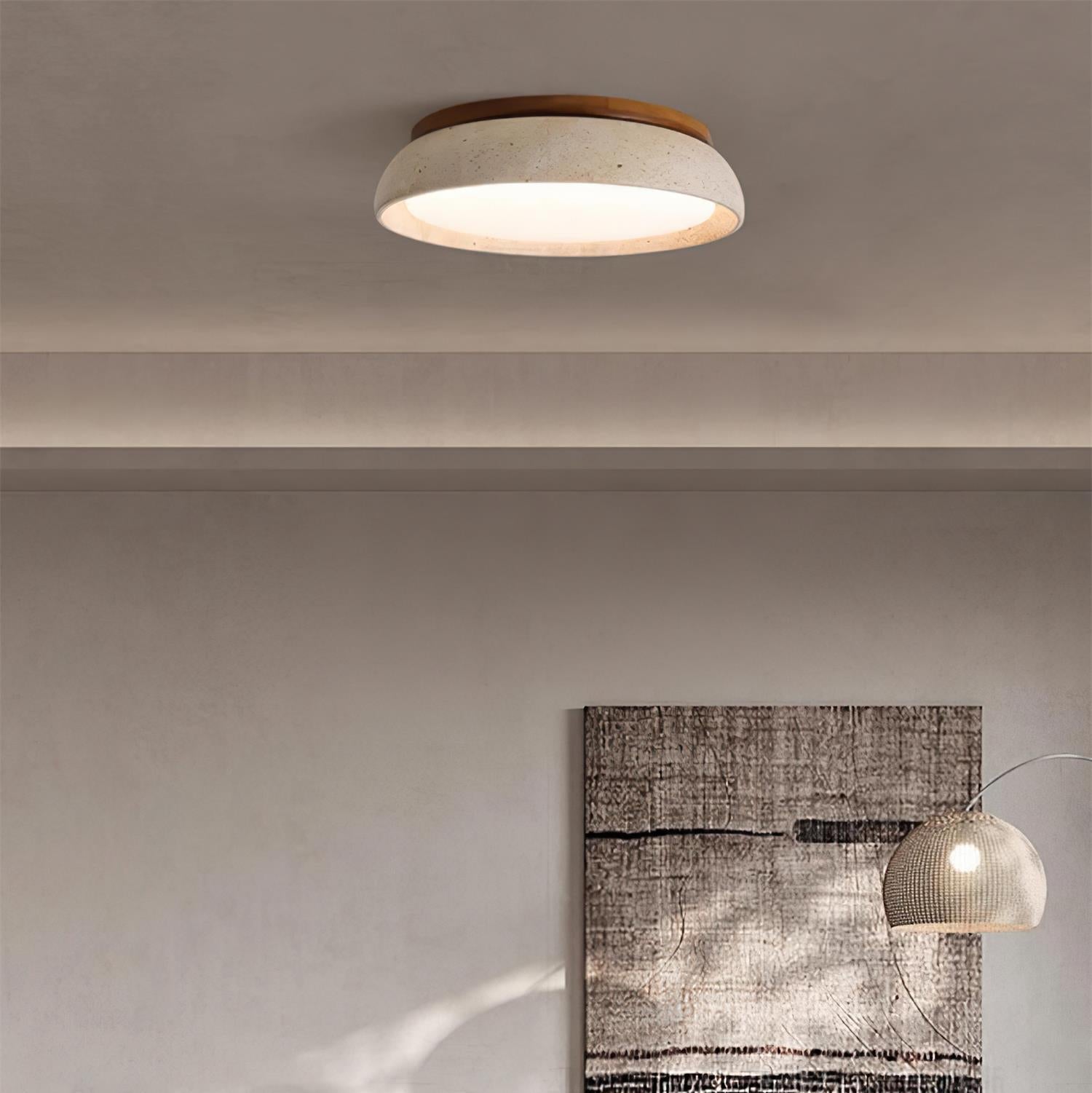 Travertine Flush Mount Ceiling Light with Wooden Trim