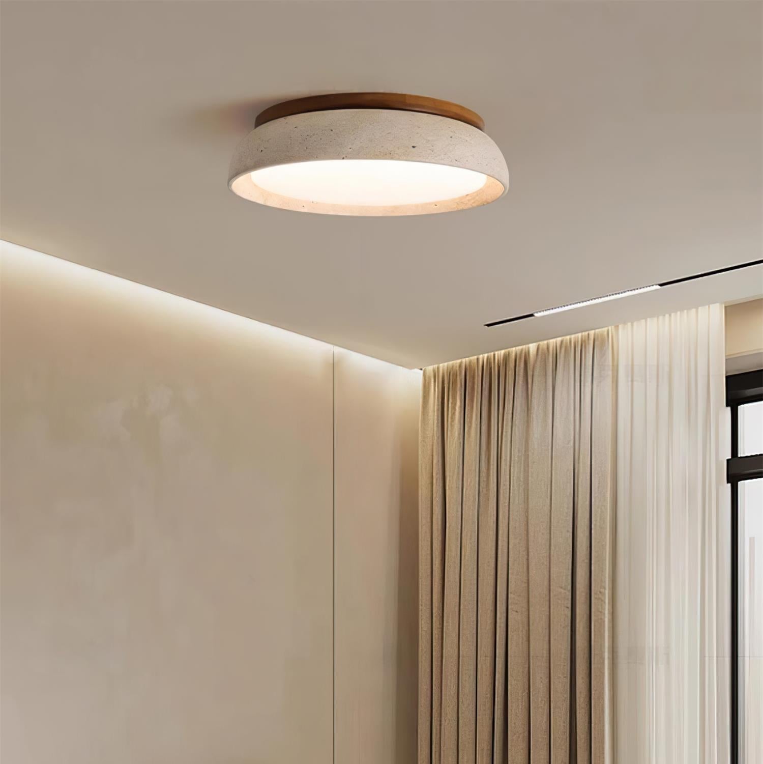 Travertine Flush Mount Ceiling Light with Wooden Trim