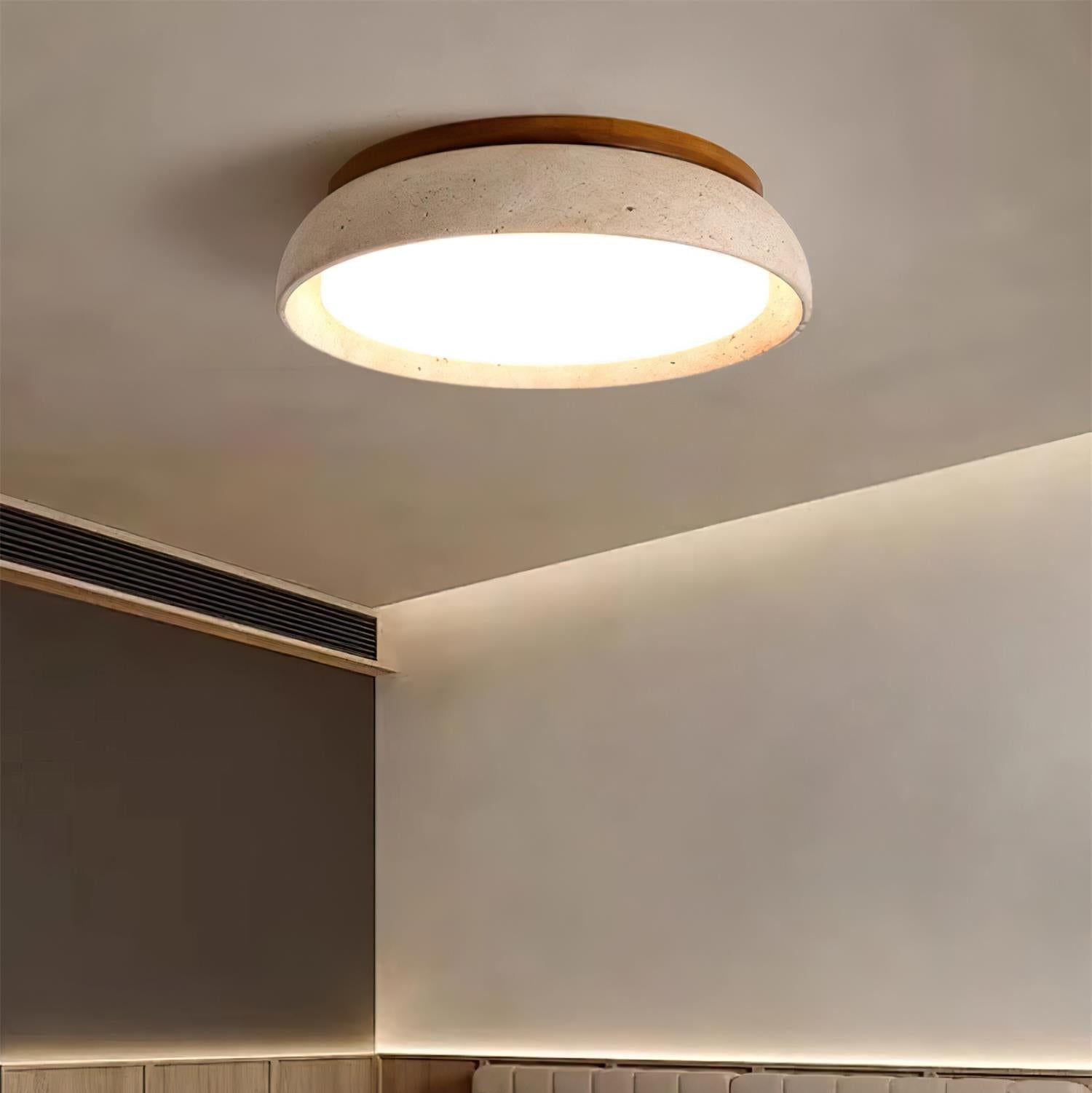 Travertine Flush Mount Ceiling Light with Wooden Trim