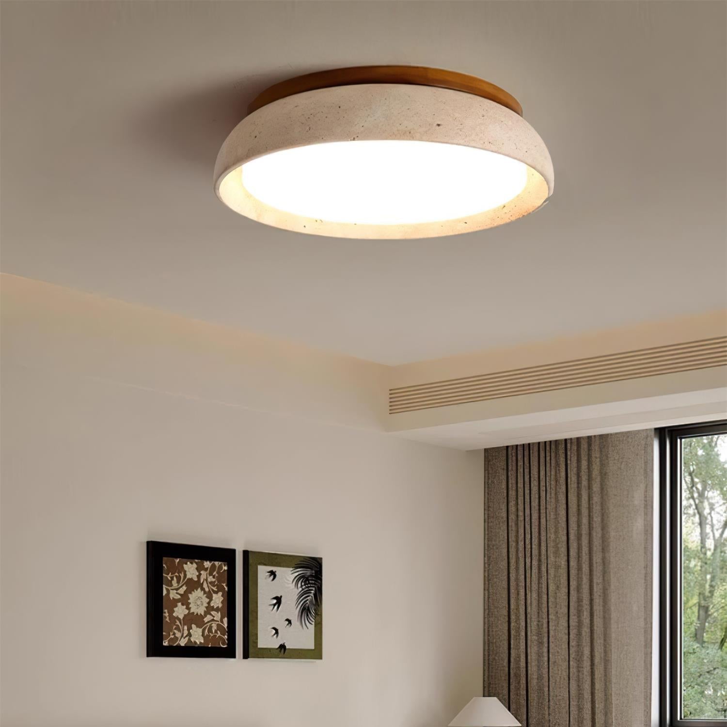 Travertine Flush Mount Ceiling Light with Wooden Trim