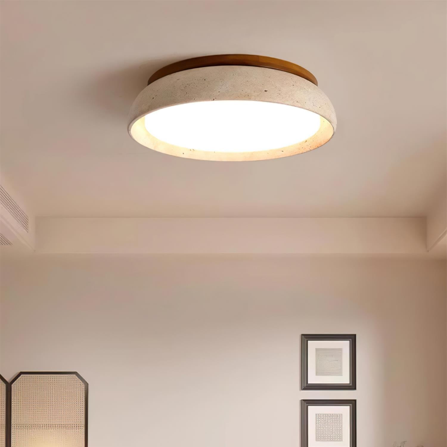 Travertine Flush Mount Ceiling Light with Wooden Trim