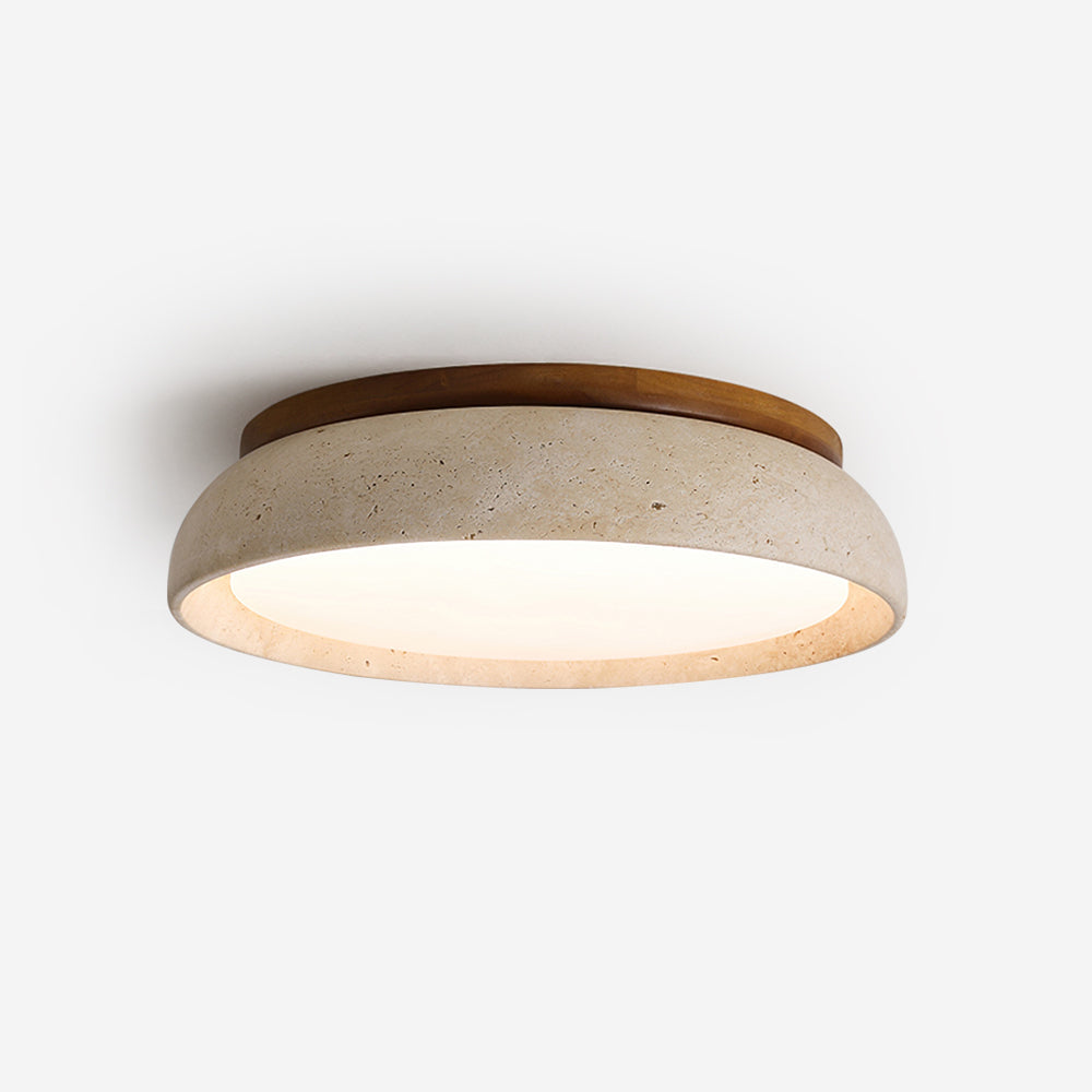 Travertine Flush Mount Ceiling Light with Wooden Trim
