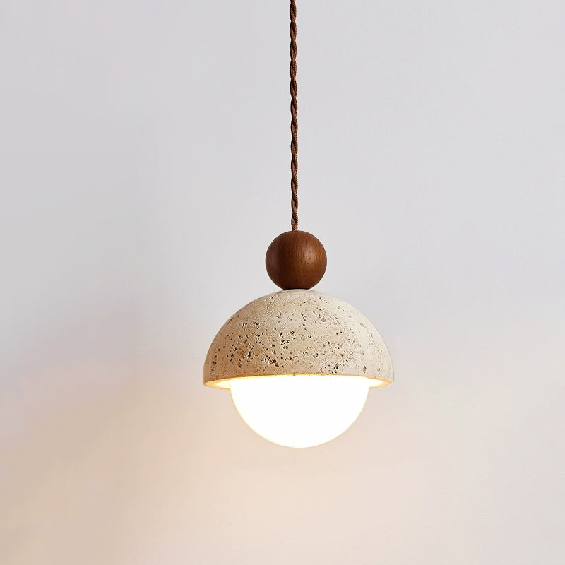 Travertine Pendant Light with Glass Globe & Wood Accent