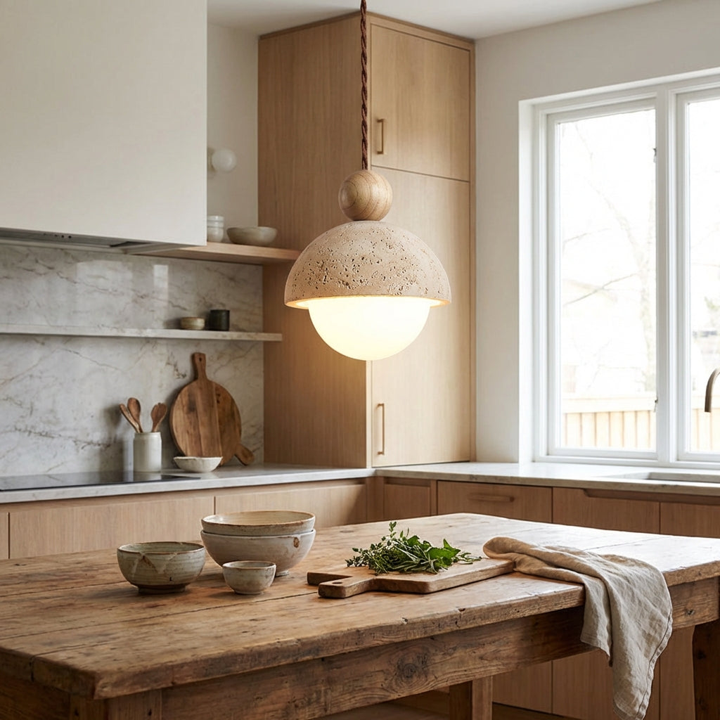 Travertine Pendant Light with Glass Globe & Wood Accent