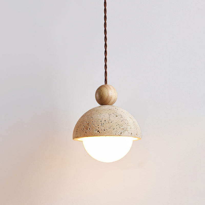 Travertine Pendant Light with Glass Globe & Wood Accent