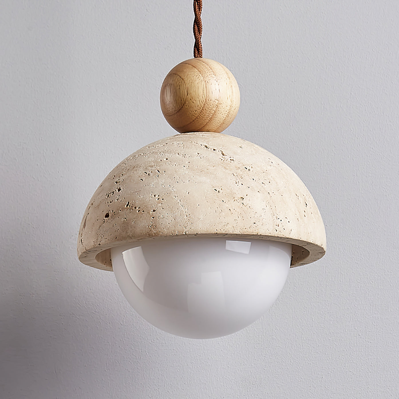 Travertine Pendant Light with Glass Globe & Wood Accent