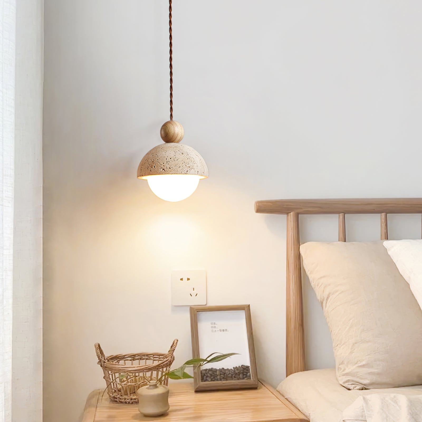 Travertine Pendant Light with Glass Globe & Wood Accent