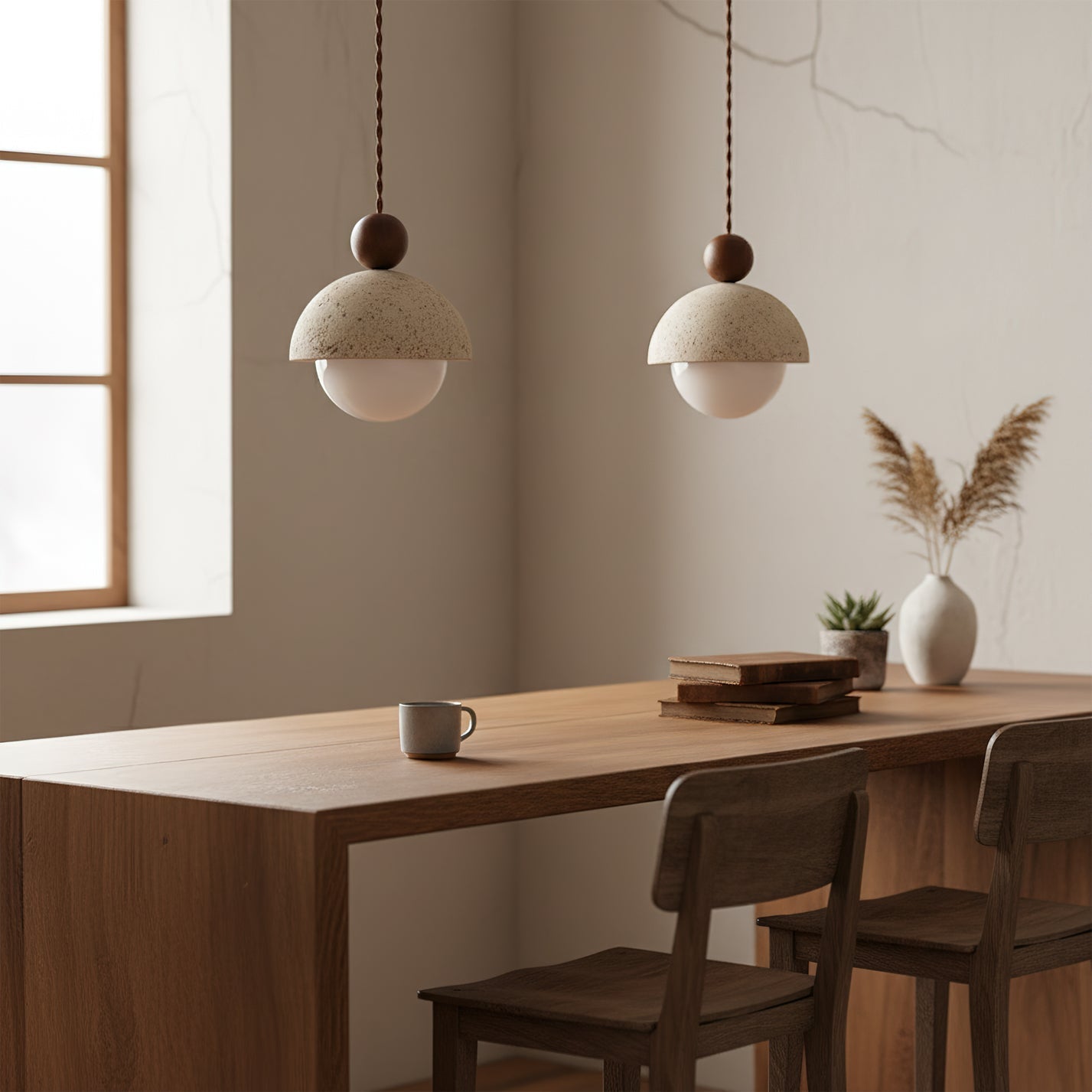 Travertine Pendant Light with Glass Globe & Wood Accent