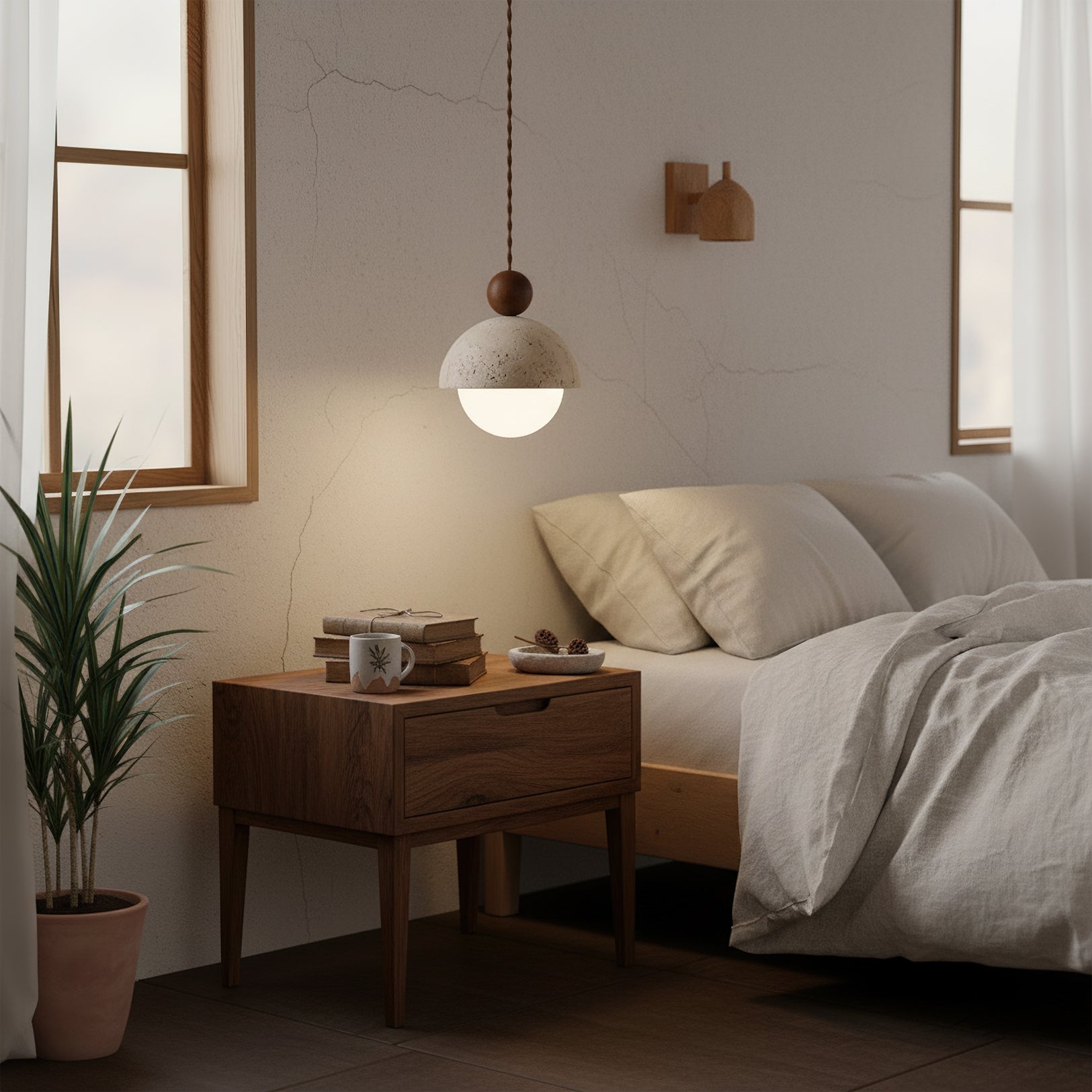 Travertine Pendant Light with Glass Globe & Wood Accent