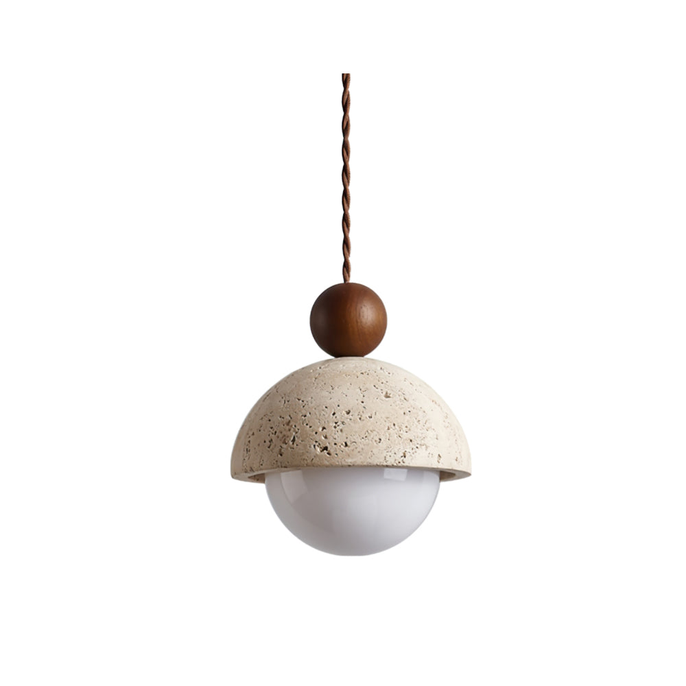 Travertine Pendant Light with Glass Globe & Wood Accent