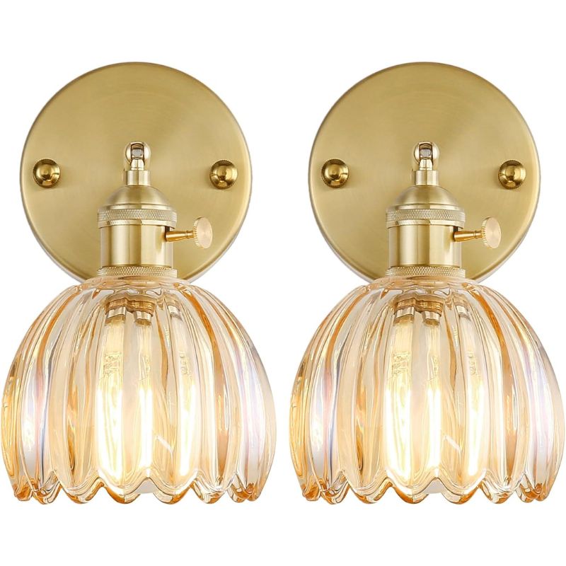 Vintage Wall Sconce Set of 2 Fluted Glass Shade Brass Fitting Hardwired Bedroom Hallway Living Room