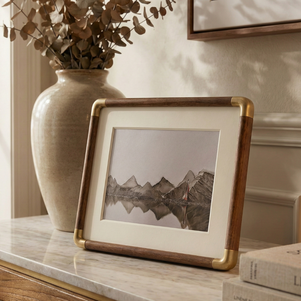 Picture Frame Solid Wood Brass Corner Mount Tabletop Photo Frame Desk Shelf