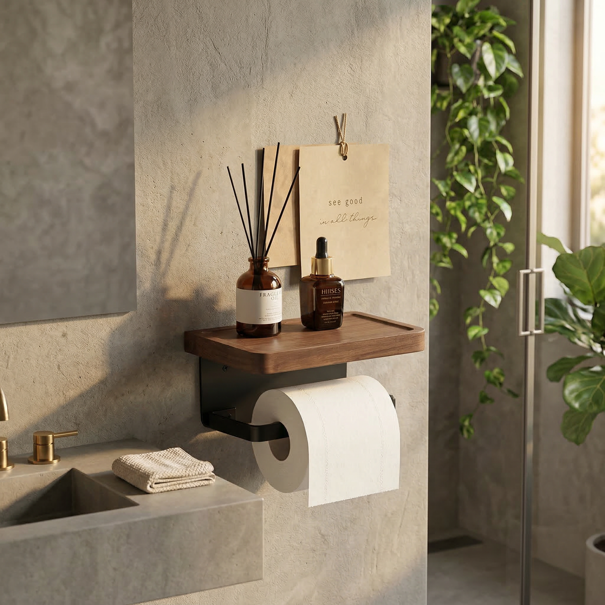 Wall Mounted Toilet Paper Holder with Wood Shelf